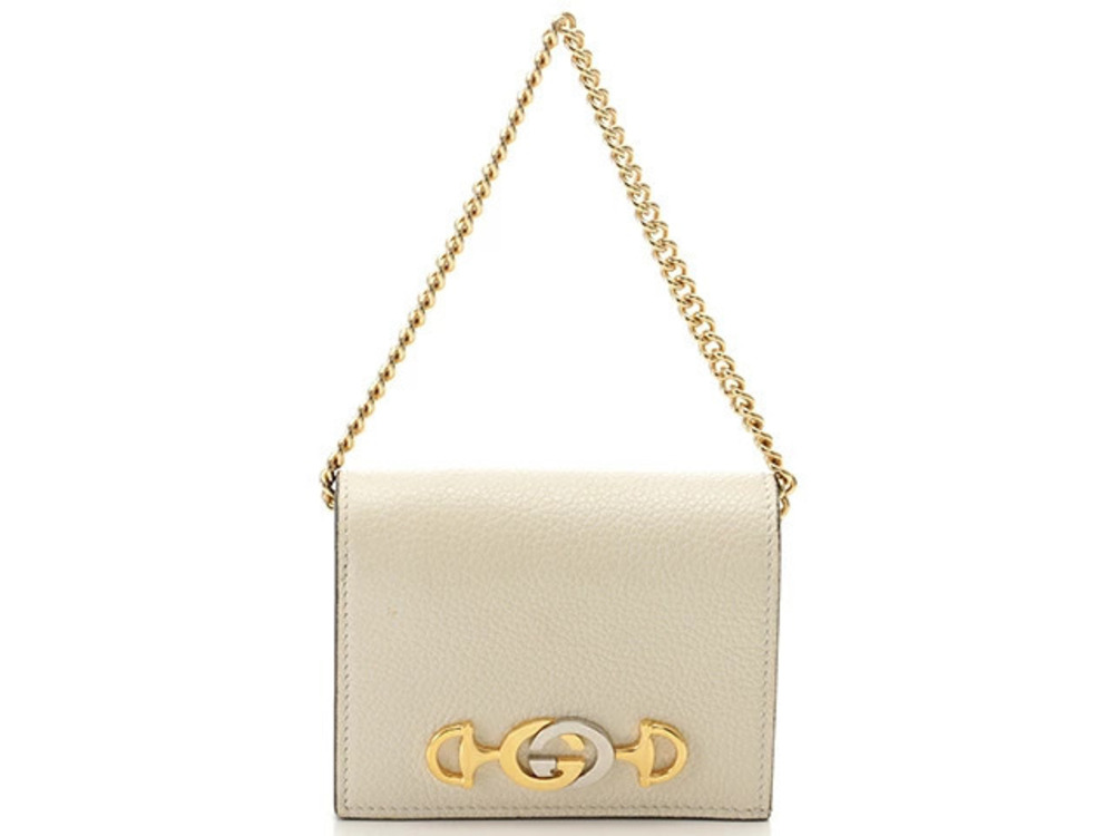 Gucci Zumi Chain Compact Wallet Ivory White Leather